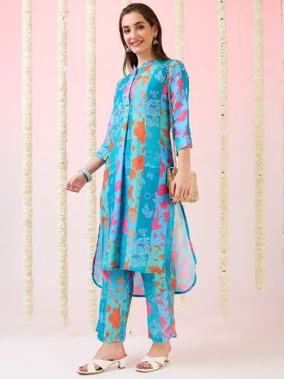 Globus Women Blue Floral Print Mandarin Collar High-Low Hem Straight Kurta & Pants Fusion Set