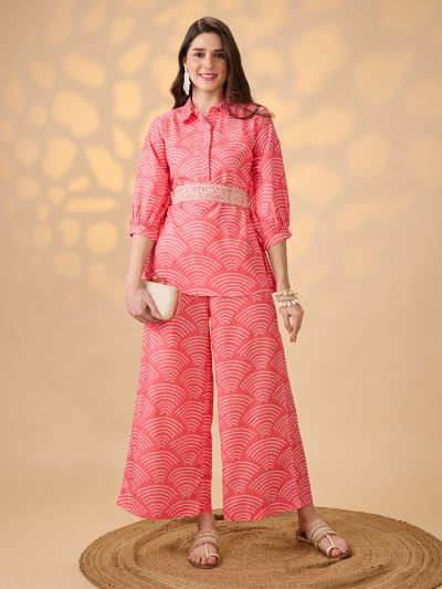 Globus Women Coral Shirt Collar Puff Sleeves Abstract Print Tunic With Palazzos & Embroidered Belt Fusion Co-Ord Set
