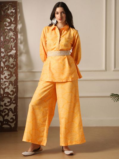 Globus Women Yellow Shirt Collar Puff Sleeves Abstract Print Tunic With Palazzos & Embroidered Belt Fusion Co-Ord Set