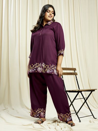 Globus Gloplus Women Purple Embroidered Detail Shirt Style Tunic With Wide Leg Trousers Plus Size Fusion Co-Ord Set