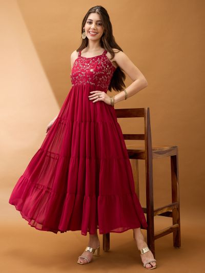 Globus Women Maroon Sweetheart Neck Strappy Shoulder Floral Embroidered Tiered Maxi Fit & Flare Festive Dress