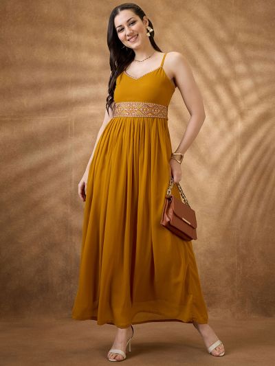 Globus Women Mustard V-Neck Strappy Shoulder Georgette Tie-Up Detail A-Line Festive Maxi Dress With Embroidered Belted