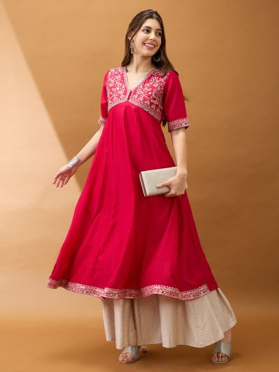 Globus Women Pink Sequinned Floral Embroidered Yoke V-Neck Alia Cut A-Line Festive Kurta