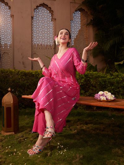 Globus Women Pink Woven Design Lurex Detail V-Neck Angrakha Style Kurta & Pants Festive Set