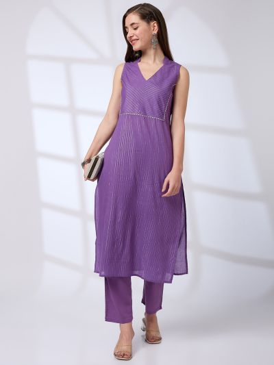 Globus Women Lavender Collared V-Neck Shimmer Woven Design Gotta Lace A-Line Kurta With Pants Festive Set