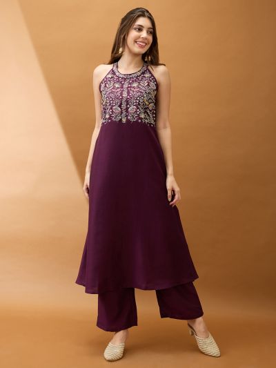 Globus Women Purple Floral Embroidered Yoke Halter Neck A-Line Kurta With Straight Pant Festive Set
