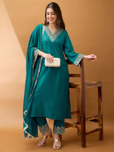 Globus Women Teal Sequinned Zari Embroidered V-Neck Bell Sleeves Kurta With Pant & Dupatta Festive Set