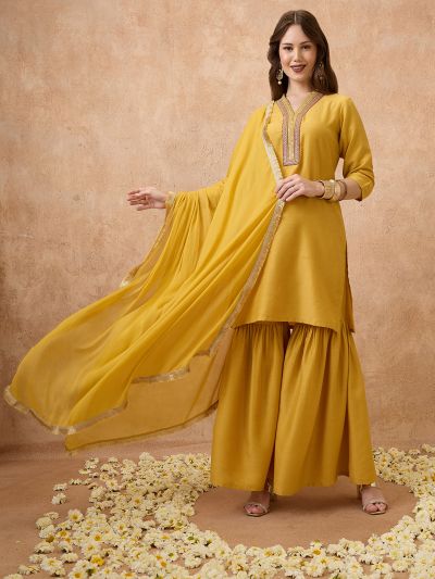 Globus Women Yellow Sequin Lace Detail V-Neck Straight Kurta With Sharara & Dupatta Festive Set