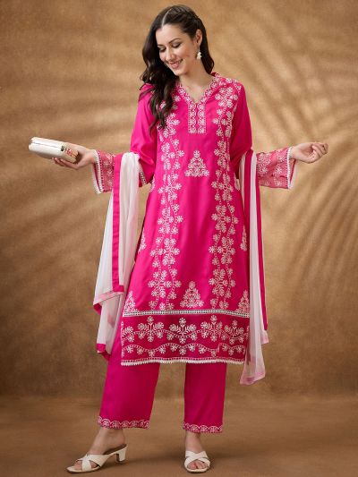 Globus Women Pink Scalloped V-Neck Bell Sleeves Embroidered Lace Inserts Straight Kurta & Pants Festive Set