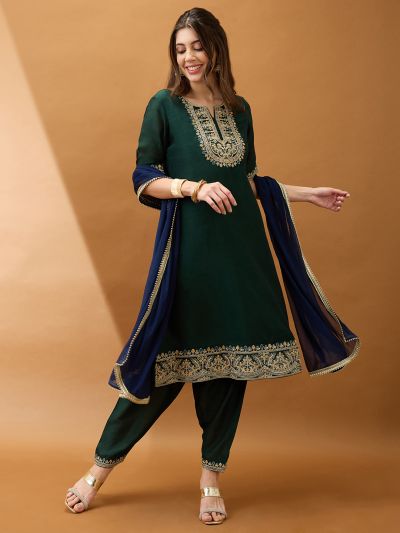 Globus Women Green Sequinned Zari Embroidered Yoke A-Line Kurta With Pant & Contrast Dupatta Set