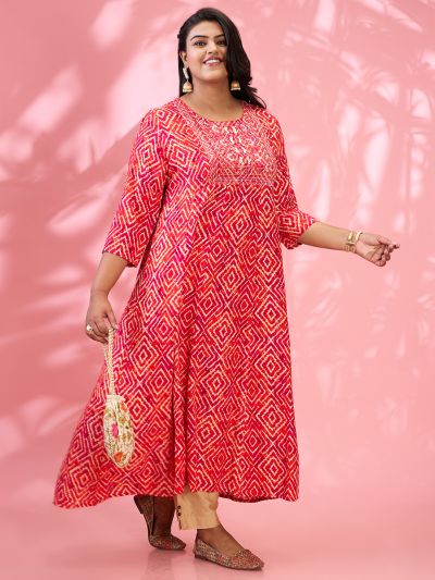 Globus Gloplus Women Red Round Embroidered Yoke Geometric Print Flared Hem Plus Size A-Line Kurta