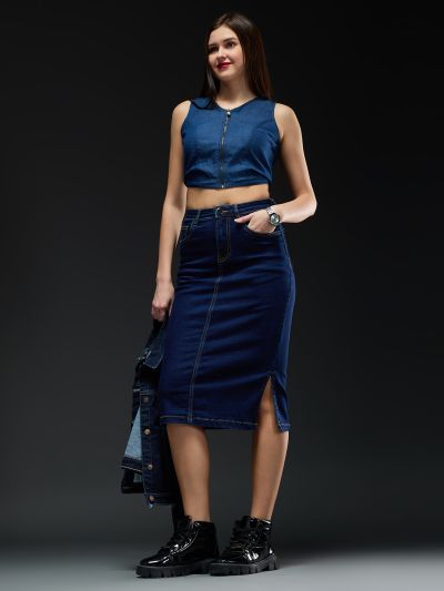 Globus Women Blue Solid Mid-Rise Side Slit Midi Denim Skirt