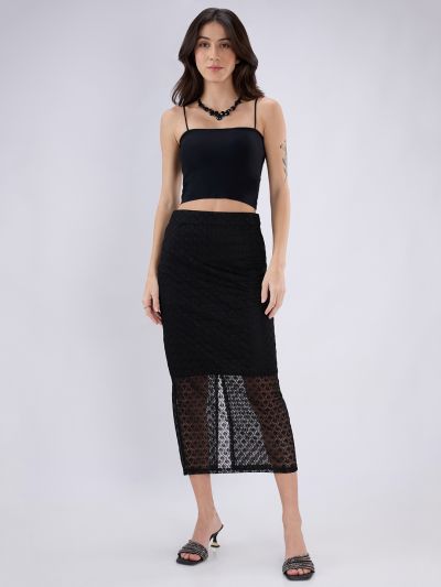 Globus Women Black Mid Rise Self Design Lace Midi Pencil Party Skirt