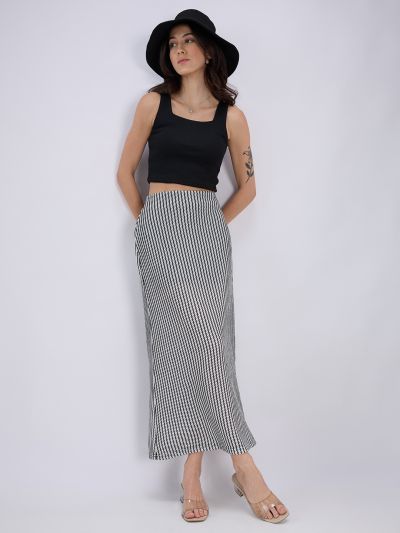 Globus Women White Mid Rise Self Design Striped Pattern Crochet Flared Midi Skirt