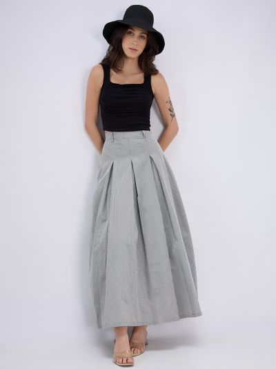 Globus Women Black Micro Checks Printed High Rise Pleated Flared Maxi Skirt with Belt Loops