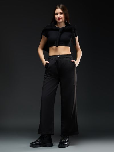 Globus Women Black Mid-Rise Pleated Detail Straight Fit Wide Leg Workwear Trousers