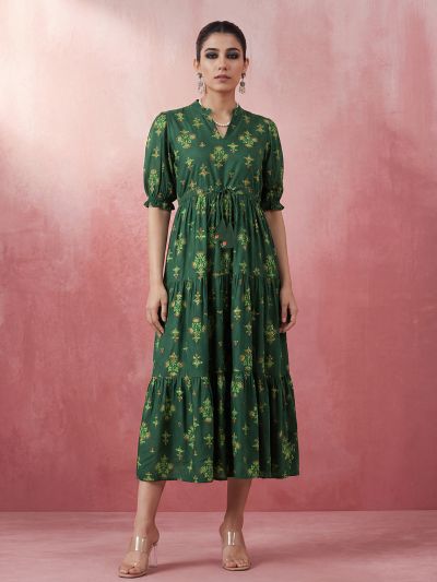 Globus Women Green Mandarin Collar Puff Sleeves Ethnic Print Waist Tie-Ups Tiered Midi A-Line Fusion Dress