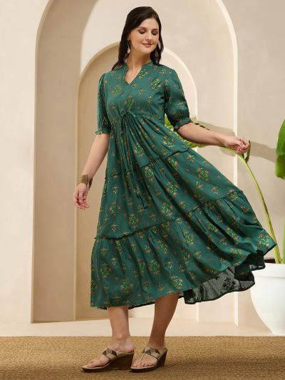 Globus Women Green Mandarin Collar Puff Sleeves Ethnic Print Waist Tie-Ups Tiered Midi A-Line Fusion Dress