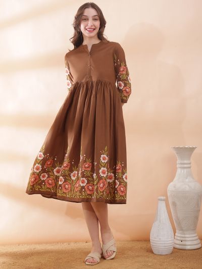 Globus Women Brown Mandarin Collar Floral Print Gathered & Pleated Flared Hem A-Line Midi Dress