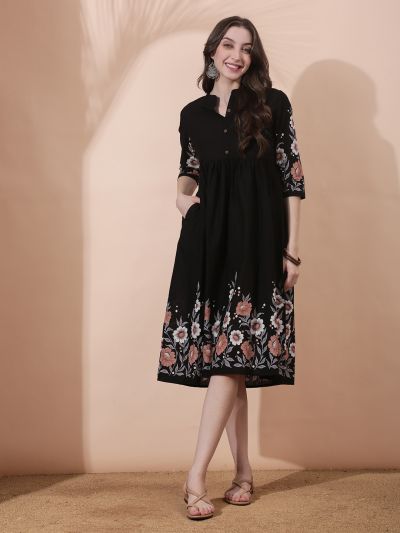 Globus Women Black Mandarin Collar Floral Print Gathered & Pleated Flared Hem A-Line Midi Dress