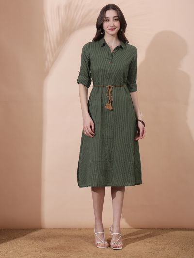 Globus Women Olive Collared Neck Roll-Up Sleeve Thread Work Waist Tie-Ups Shirt Style Midi Workwear Dress