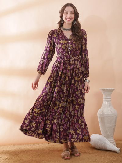 Globus Women Purple V-Neck Bishop Sleeve Floral Print Belted Gathered & Tiered A-Line Maxi Dress