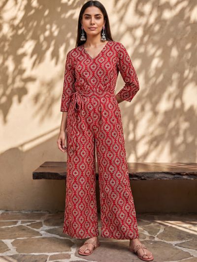 Globus Women Maroon V-Neck Allover Ethnic Print Wide Leg Belted Jumpsuit