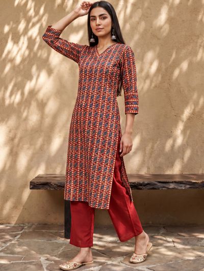 Globus Women Red V-Neck Geometric Print Straight Kurta with Pants Set