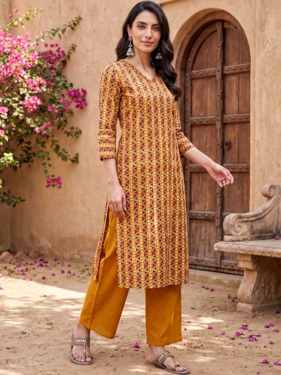 Globus Women Mustard V-Neck Geometric Print Straight Kurta with Pants Set