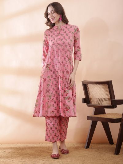 Globus Women Pink All Over Floral Print Mandarin Collar Panelled Mirror Work A-line Kurta With Pant Set