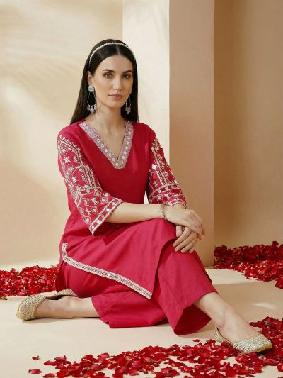 Globus Women Pink Embroidered Detail V-Neck Bell Sleeves A-Line Kurta with Wide Leg Pants Set