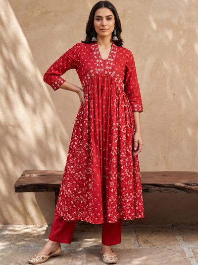 Globus Women Maroon V-Neck Floral Embroidered Alia Cut Flared Hem A-Line Kurta with Trouser Festive Set