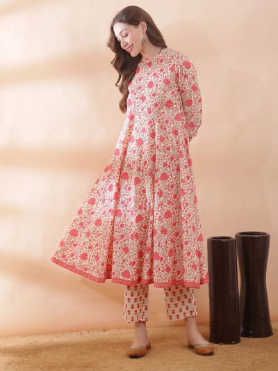 Globus Women Off White All Over Floral Print Round Neck Anarkali Kurta With Pant Set