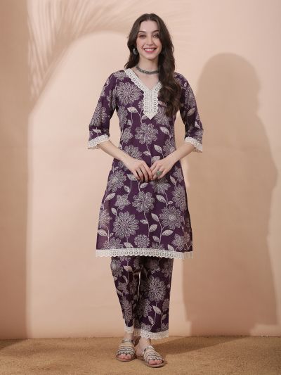 Globus Women Purple All Over Floral Print Lace Instert V-Neck Bell Sleeves Straight Kurta With Pant Set
