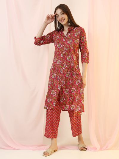 Globus Women Pink Collared Neck All Over Floral Print Thread Work Detail Straight Shirt Style Kurta with Pants Set