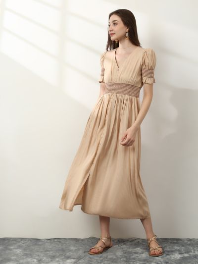 Globus Women Beige V-Neck Puff Sleeves Smocked Button Down Fit & Flare Midi Fusion Dress