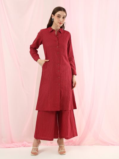 Globus Women Rust Collared Neck Striped Thread Work Detail Shirt Style Straight Kurta with Wide Leg Pants Fusion Set