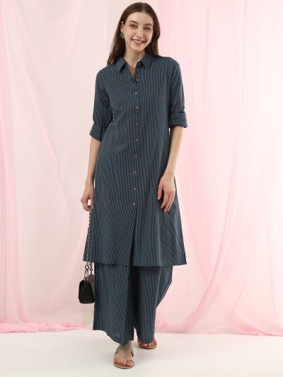 Globus Women Blue Collared Neck Striped Thread Work Detail Shirt Style Straight Kurta with Wide Leg Pants Fusion Set