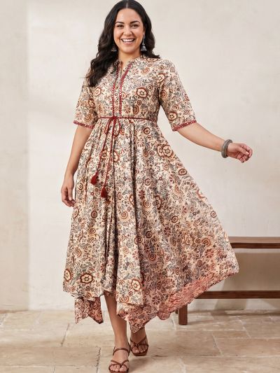 Globus Gloplus Women White Allover Floral Printed Mandarin Collar Embroidered Detail Waist Tie-Ups Asymmetric Hem Midi A-Line Plus Size Dress