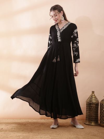 Globus Women Black V-Neck Floral Print Embroidered Tie-Up Detail Fit and Flare Maxi Festive Dress