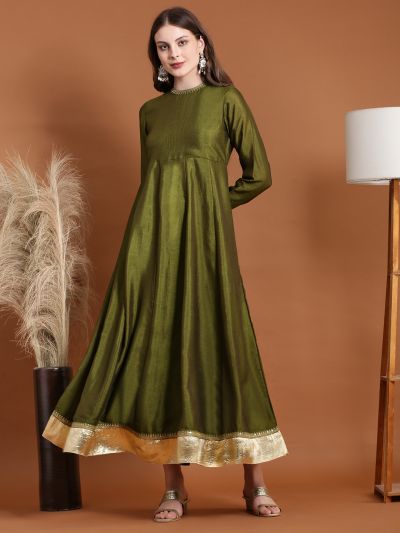 Globus Women Olive Zari Embroidered Round Neck and Sleeves Fit and Flare Maxi Dress