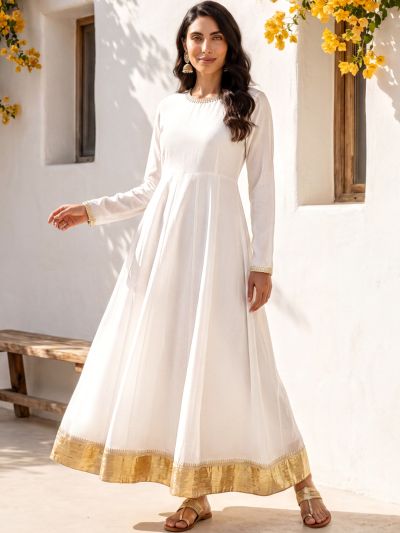 Globus Women White Round Neck Long Sleeves Embroidered Detail Pleated A-Line Maxi Festive Dress