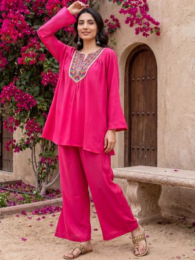 Globus Women Pink Sequin Embroidered Yoke Bell Sleeves Gathered Detail Tunic With Palazzos Fusion Co-Ord Set