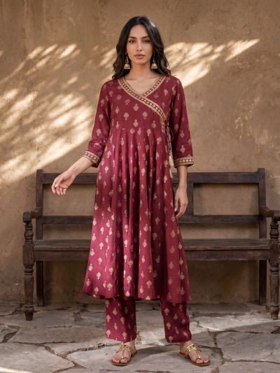 Globus Women Wine V-Neck Ethnic Gold Foil Print Zari Embroidered Mirror Work Detail Angrakha A-Line Kurta with Trouser Festive Set