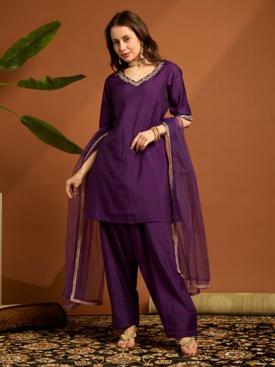 Globus Women Purple Floral Embroidered V-neck Silk Kurta With Pants & Dupatta Festive Set