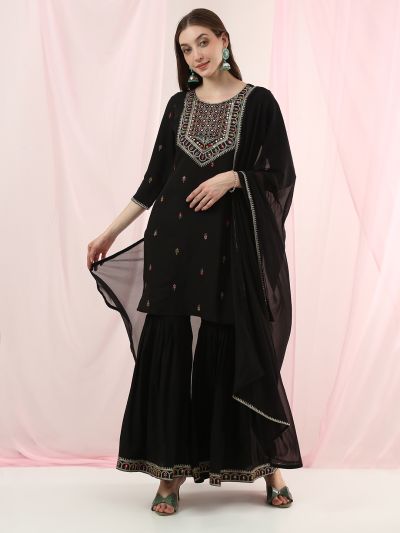Globus Women Black Round Neck Sequinned & Mirror Embroidered Yoke Back Tie-Up Kurti With Pants & Dupatta Festive Set