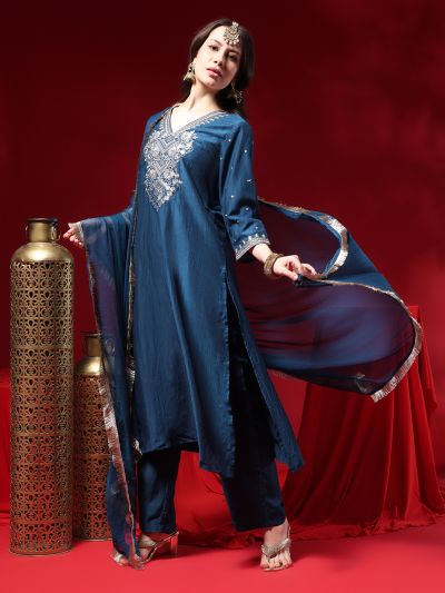 Globus Women Navy Blue Zari Embroidered V-neck Three-quarter Sleeves Silk Blend A-line Kurta With Pants & Taping Dupatta Festive Set