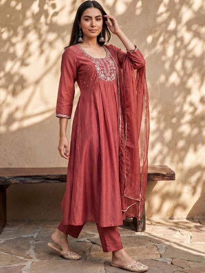 Globus Women Peach Square Neck Zari Embroidered Panelled Anarkali Kurta with Trousers and Dupatta Festive Set