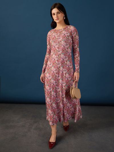Globus Women Pink Round Neck Full Sleeves Floral Print A-Line Maxi Party Dress