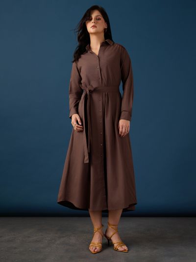 Globus Women Brown Collared Neck Cuff Sleeves Chest Patch Pocket Shirt Style A-Line Midi Workwear Dress With Belt
